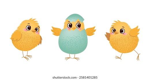 Three baby chicks, one hatching from an Easter egg. Cute cartoon illustration. Easter celebration and spring holiday design for greeting card, invitation, banner, poster.