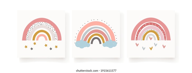 Three Baby Cute Rainbow Graphic Illustration. Art Rainbow Color Brush Stroke. Baby Design For Birthday Invitation Or Baby Shower, Poster, Clothing, Nursery Wall Art And Postcard.