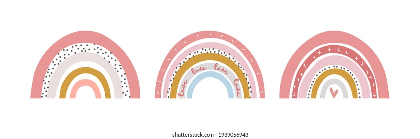 Three baby cute rainbow graphic illustration. Art rainbow color brush stroke. Baby design for birthday invitation or baby shower, poster, clothing, nursery wall art and postcard.