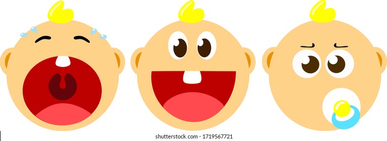 three baby faces with different expressions crying and laughing. on a white background