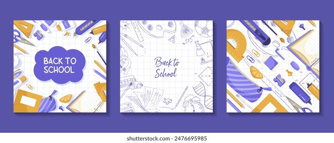 Three back to school banners with school supplies. Cartoon style on a grid background. Concept of education. Vector illustration