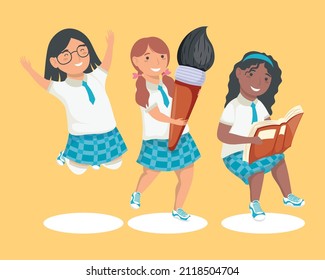 personajes de tres niñas de vuelta en la escuela