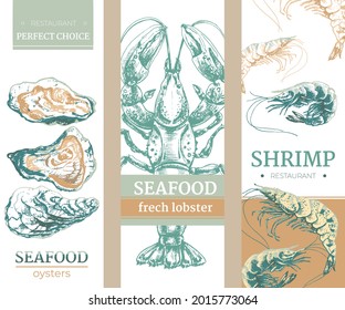 three background designs for seafood, oyster, lobster, shrimp, ocean dwellers graphic