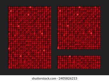Three background from red sequins, glitters, sparkles, paillettes. Vector luxury poster with sparkling sequins, glitter gradient dots. Template bright circle mosaic for festive holiday disco