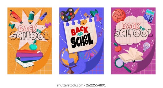 Three backgrounds for ads, discounts, educational sales. The inscription is to back to school, items and accessories for study.