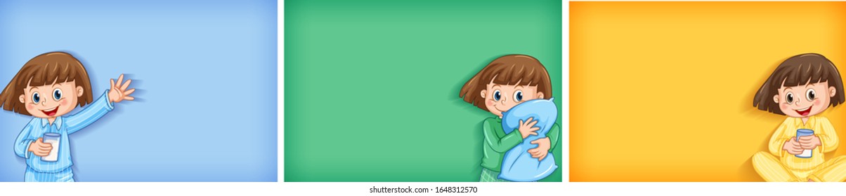 Three backgrounds with girl in pajamas illustration