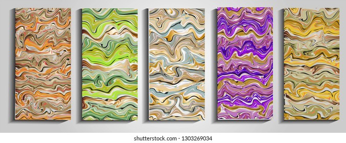 Three backgrounds with marbling. Marble texture. Paint splash. Colorful fluid. It can be used for poster, card, brochure, invitation, cover book, catalog. Vector illustration eps10