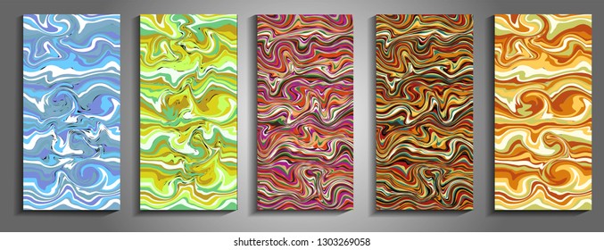 Three backgrounds with marbling. Marble texture. Paint splash. Colorful fluid. It can be used for poster, card, brochure, invitation, cover book, catalog. Vector illustration eps10