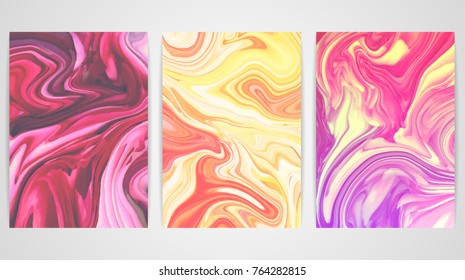 Three backgrounds with marbling. Marble texture. Paint splash. Colorful fluid. It can be used for poster, card, brochure, invitation, cover book, catalog. Size A4. Vector illustration eps10