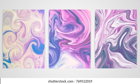 Three backgrounds with marbling. Marble texture. Paint splash. Colorful fluid. It can be used for poster, card, brochure, invitation, cover book, catalog. Size A4. Vector illustration, eps10