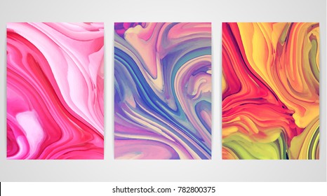 Three backgrounds with marbling. Marble texture. Paint splash. Colorful fluid. It can be used for poster, card, brochure, invitation, cover book, catalog. Size A4. Vector illustration eps10