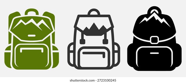 Tres iconos de mochila en diferentes colores y estilos, con diseños de montaña en el frente, que se muestran sobre un fondo liso.
