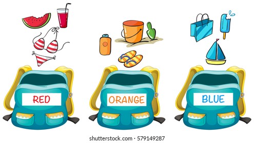Three backpacks with different color items in it illustration