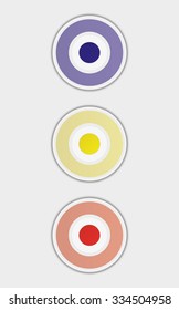 three badges or buttons with blue, yellow and red color, button have two color circles like a target, vector illustration