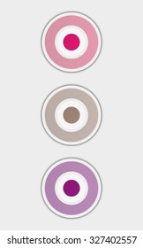 three badges or buttons with red, brown and violet color, button have two color circles like a target, vector illustration
