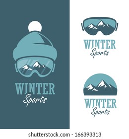 Three badges for winter sports with mountains, ski mask and winter hat
