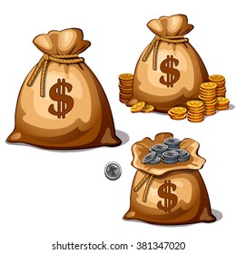 Three bags with gold and silver coins. Vector illustration.
