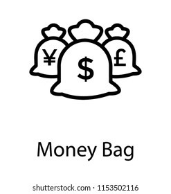 
Three bags in a icons having different currencies in them depicting money bags 
