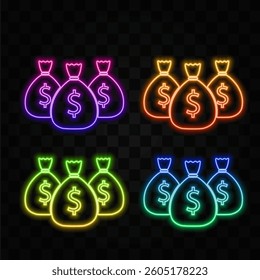 Three bags of money vector icon. neon style. bags with dollar sign.