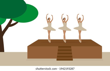 Three ballerinas dancing on stage outdoors