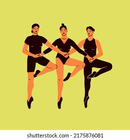 Three ballerinas. Dancing women. Beautiful women silhouettes. Fitness, classical dancing, ballet school concept. Hand drawn modern Vector illustration. Cartoon style characters