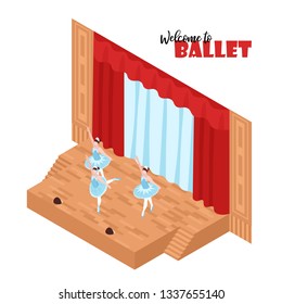 Three ballerinas performing on theatre stage 3d isometric vector illustration