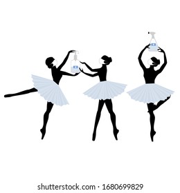 Arte de pintura vectorial, tres bailarinas con la máscara médica blanca bailan con gel de sanitizador, spray de desinfección, actuación de teatro. 