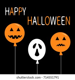 Three balloon set. Pumpkin ghost Smiling sad face head emotion set. Big triangle eyes, smile mouse, teeth. Happy Halloween symbol. Cute cartoon funny baby character Black background Flat design Vector