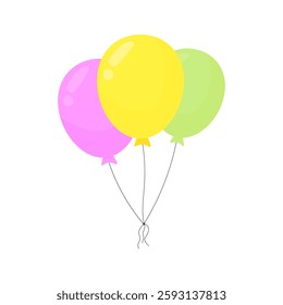 Three balloons in cartoon style on a white isolated background. Green, yellow and purple party ball