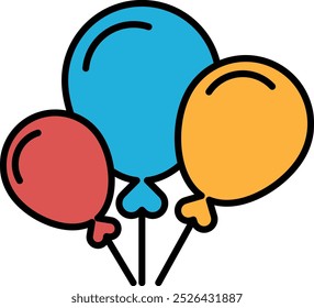 Three balloons of different colors are drawn in a line. The balloons are red, blue, and yellow