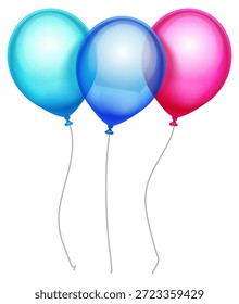 Tres globos de diferentes colores flotan en el aire