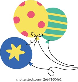Three balloons with different patterns and thin strings in a cartoon style. A polka dot, striped, and star-patterned balloon float together. Cartoon vector illustration.