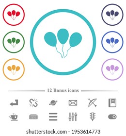 Three balloons flat color icons in circle shape outlines. 12 bonus icons included.
