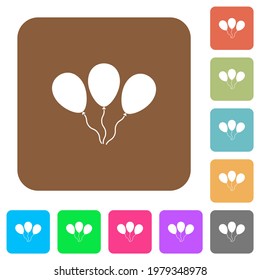 Three balloons flat icons on rounded square vivid color backgrounds.