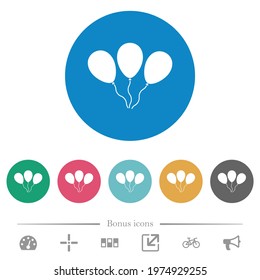 Three balloons flat white icons on round color backgrounds. 6 bonus icons included.