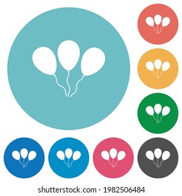 Three balloons flat white icons on round color backgrounds