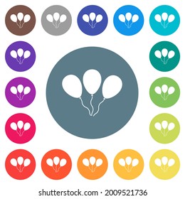 Three balloons flat white icons on round color backgrounds. 17 background color variations are included.