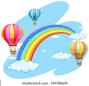 Three balloons flying over the rainbow illustration