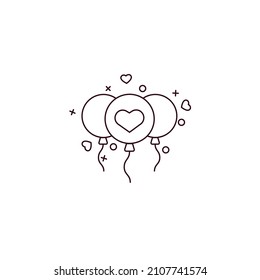 Three balloons with heart symbol line icon on white background. Vector outline symbol for wedding, marriage, anniversary, engagement, birthday, Valentine's Day celebration.
