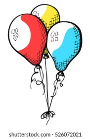 Three balloons on a string. Hand drawn, isolated on a white background. Vector illustration