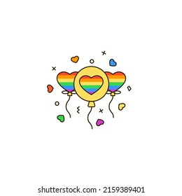 Three balloons with rainbow hearts