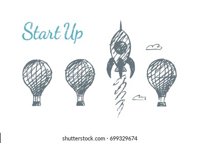 Three balloons and a rocket fly across the sky against a background of clouds. Vector concept illustration. Hand drawn sketch. Lettering start up.