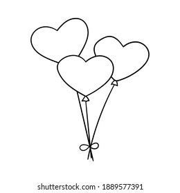 Three balloons in the shape of a heart. Decorative element for Valentine's Day. A simple outline design object is drawn by hand and isolated on white. Doodle style.Black and white vector illustration.