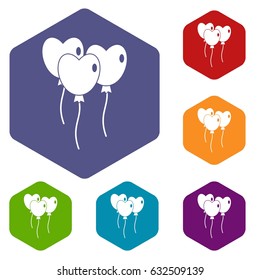 Three balloons in the shape of heart icons set hexagon isolated vector illustration