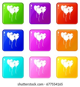 Three balloons in the shape of heart icons of 9 color set isolated vector illustration