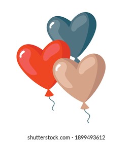 Three balloons in the shape of hearts. Vector, white background, isolated.