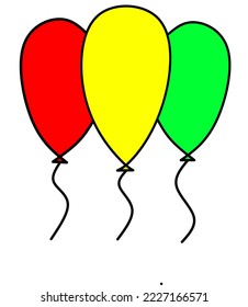 Three balloons tied with red, yellow and green strings