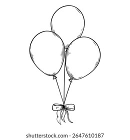 three balloons tied with ribbon line art hand drawn illustration