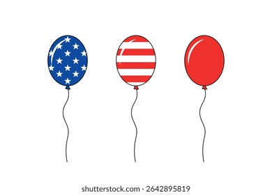three balloons in USA flag colors, air balloon with stars on blue background and red balloon with white stripes, national holiday vector illustration