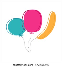 Three balloons various colors with outlines. Balloon icon. Vector flat illustration.